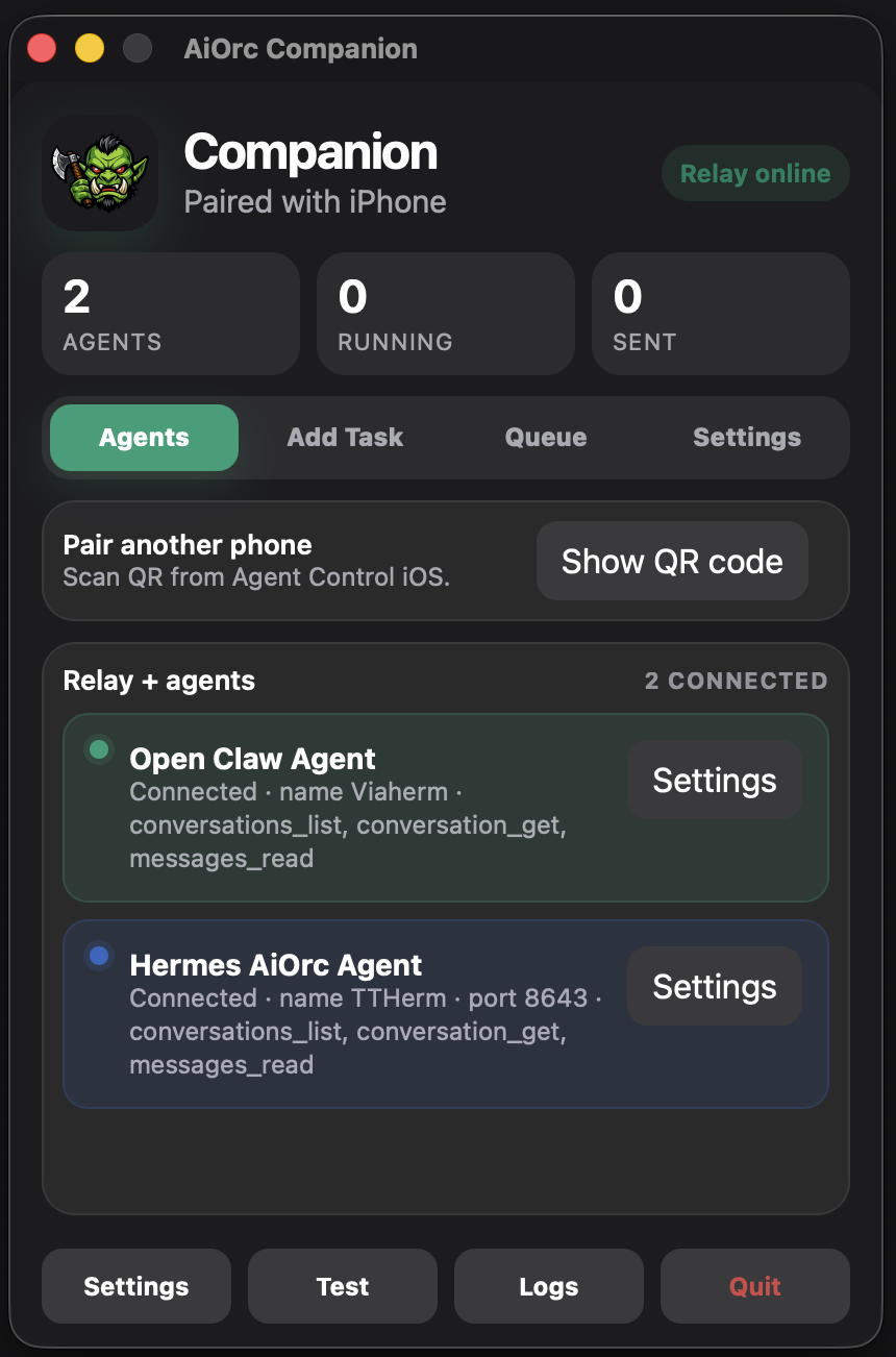 Desktop Companion dashboard with relay status, Open Claw Agent, Hermes AiOrc Agent, and settings controls