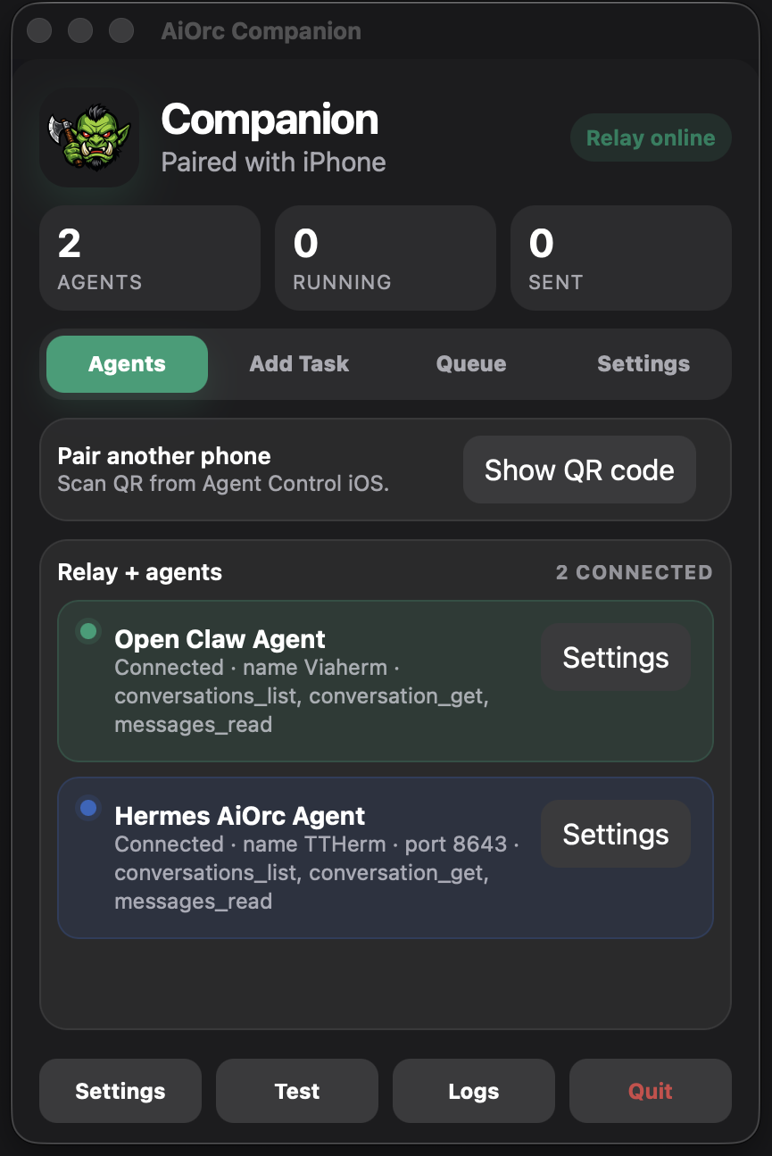 AiOrc desktop Companion showing relay online, two connected agents, and phone pairing status
