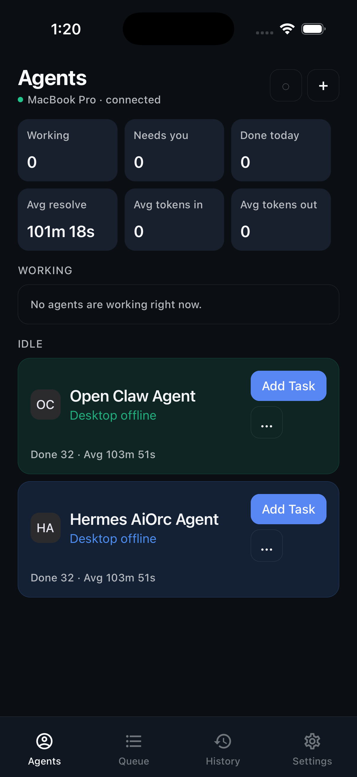 Agent Control iPhone Agents screen showing Open Claw Agent and Hermes AiOrc Agent idle with Add Task buttons