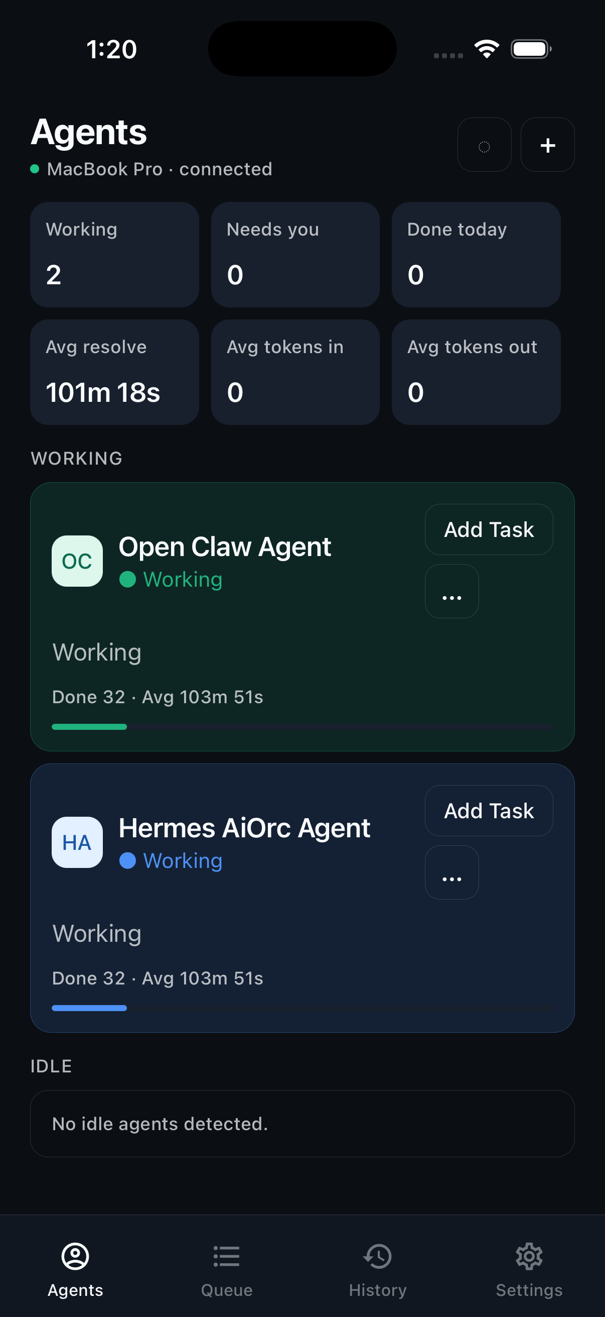 Agent Control iPhone Agents screen with both agents working and visible progress bars