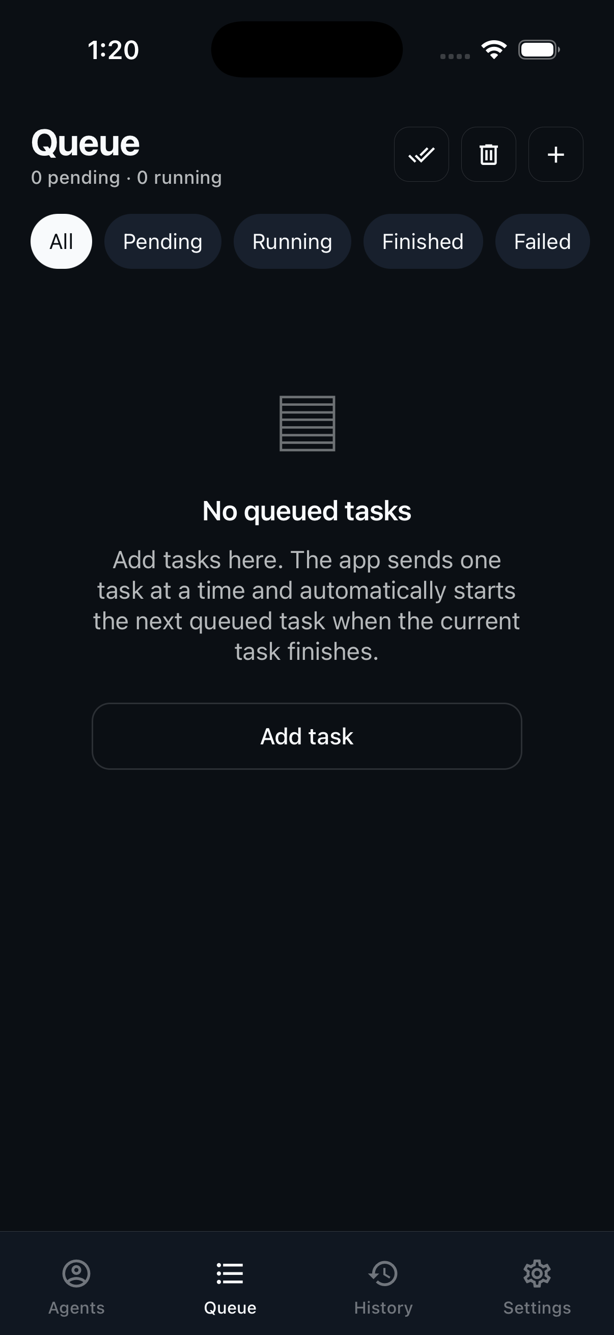 Agent Control iPhone Queue screen with pending, running, finished, and failed filters plus Add task button