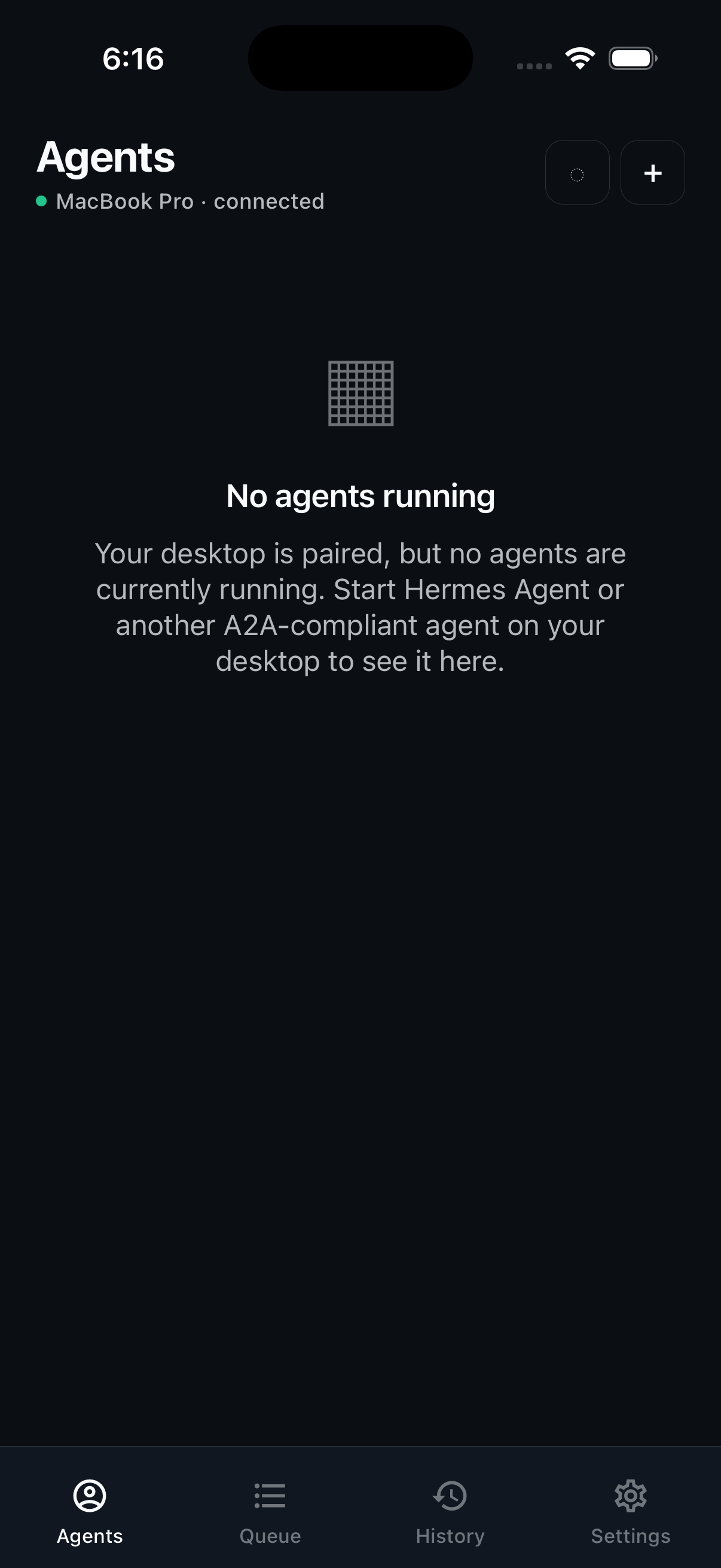 Real iOS AgentControl app screenshot from simulator.